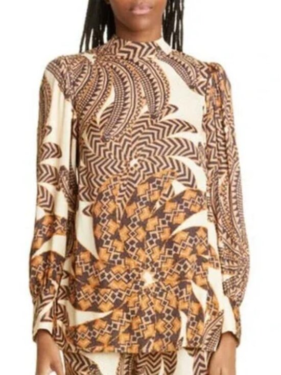 FARM Rio Tops - Farm Rio Yawanawa Banana mockneck blouse viscose satin flowy boho puff sleeve M